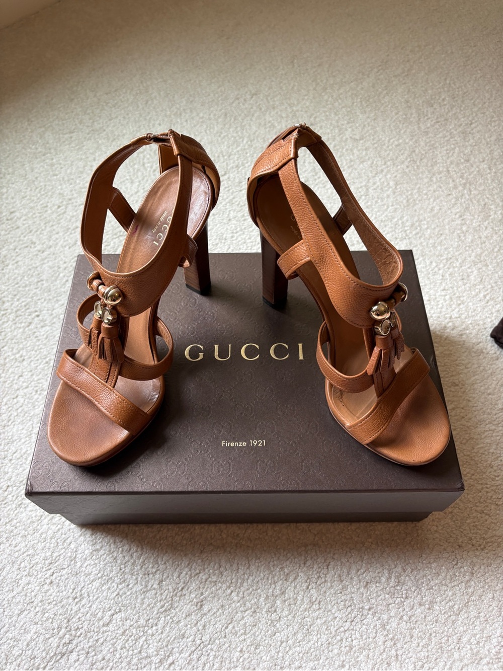 Gucci Tan Leather Tassel High Heel Sandals 37.5